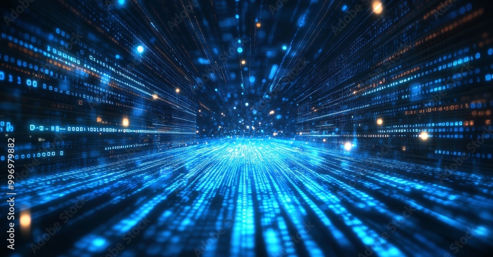 Poster information flow in abstract cyberspace. 3d illustration of big data digital funnel using 5g technol