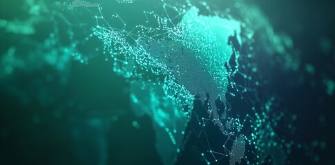 Map of continents abstractly depicting globalization and geopolitics in the future. 3D illustration of data exchange and communications in a virtual network. Bright, juicy, neon colours.