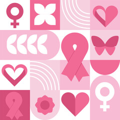 Breast Cancer awareness banner illustration. Pink October month female healthcare campaign solidarity. Modern geometric seamless pattern. Vector concept minimalist design.
