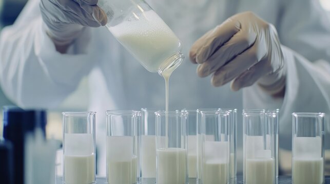 close-up shot of a food scientist pouring alternative milk into test tubes, with visible labels for different types, showcasing the meticulous process of quality control and testin