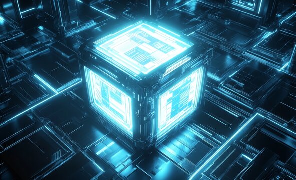 Blockchain abstract concept illustrated in three dimensions. A cubic array of high-tech Squares against a background of information fields.