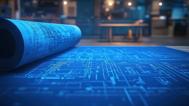 Closeup of a rolled up blueprint on a table with a blue electrical diagram. The image is a concept for engineering, construction, design, and technology.