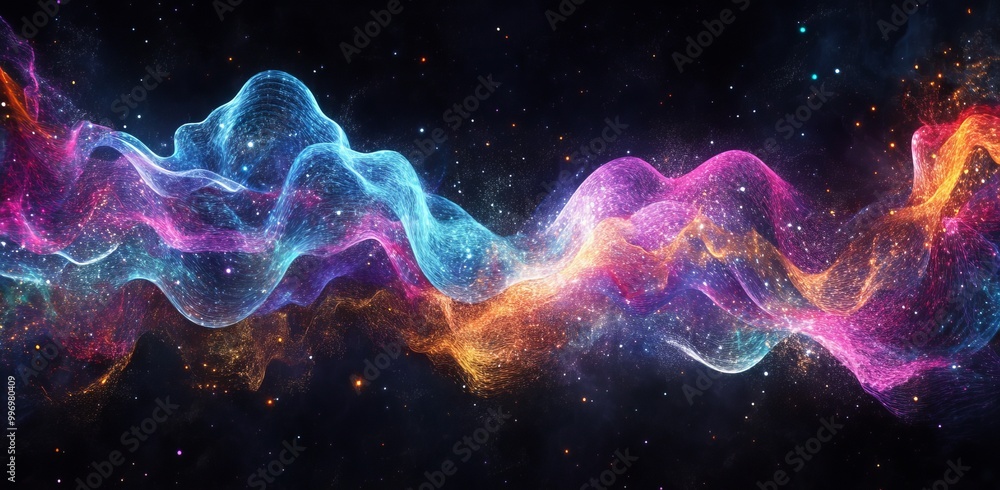 Poster the big data funnel. abstract 3d illustration, neural network background concept. waves, dots, weave
