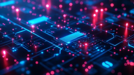 Illustration of a 3D cyber architecture. Nanotechnology, neurotechnology, internet structures, microchips, circuits, smart objects, quantum processing, and big data analysis.