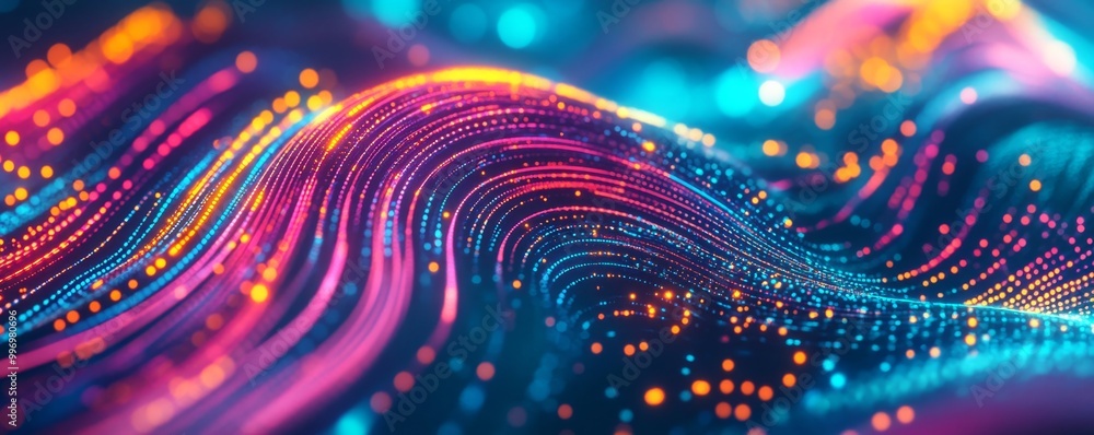 Poster cyberspace neural network. digital information flow. sound waves and emotions of neon lights. 3d ill