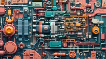 Colorful, intricate, and detailed illustration of an electrical circuit diagram showing interconnected components,