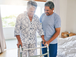 House, walking frame or senior couple with support, love or assistance with happiness. Old person...