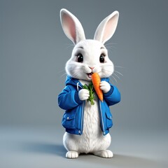 A cute cartoon rabbit in a blue jacket holding a carrot, exuding a playful vibe.
