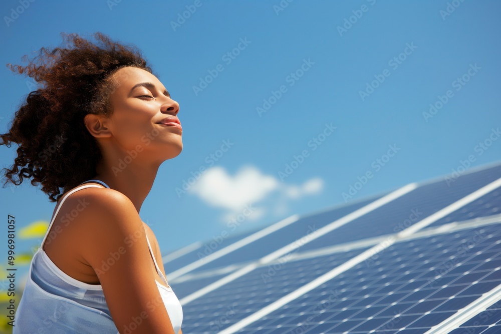 Aufkleber woman smiling and enjoying the sunlight in front of solar panels, representing sustainable energy an