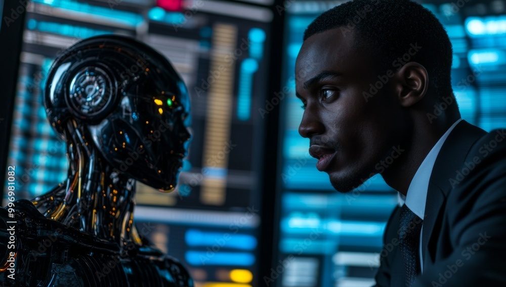 Poster a robot or an ai talking about futuristic technologies or machine learning systems