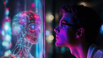 Person talking with robotic stock. Concepts of machine learning or futuristic technology. Generational stock technologies