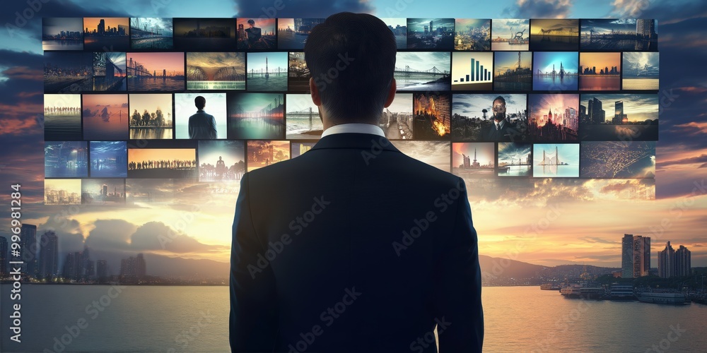 Poster businessman facing multiple digital screens against a cityscape backdrop, contemplating business str