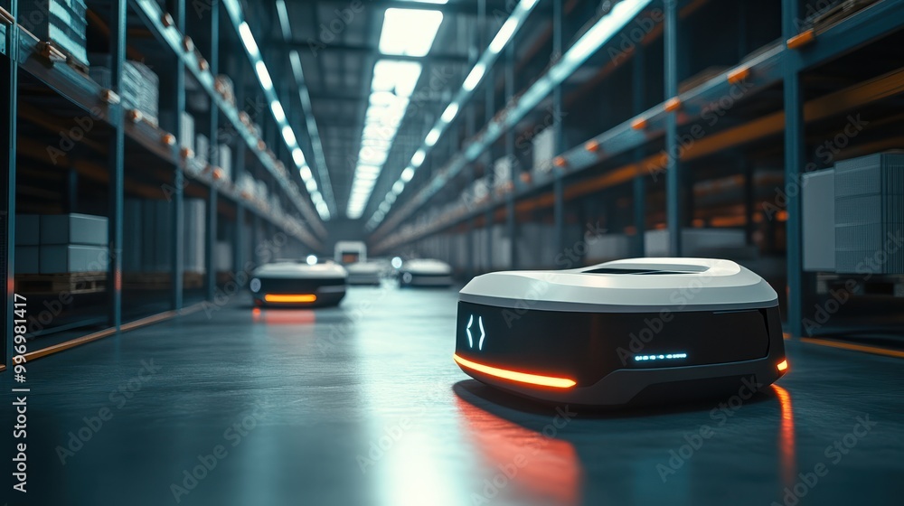 Aufkleber delivery robots and autonomous vehicles in a modern warehouse, macro view, emphasizing futuristic ef