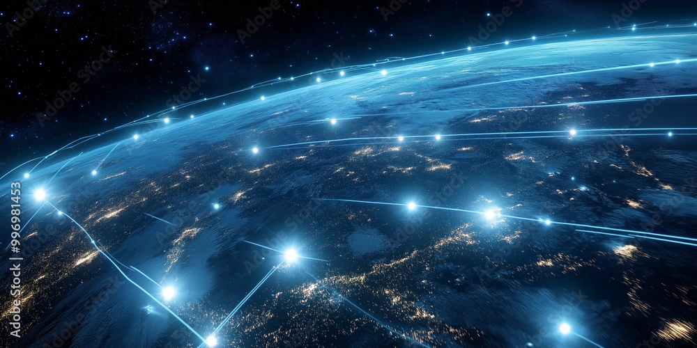 Poster Global view of the Earth at night with interconnected digital lines, representing worldwide communication and technological connectivity., Generative AI