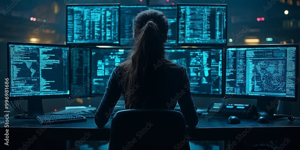 Poster Woman working in a high-tech control center, analyzing data and overseeing network security on multiple computer screens., Generative AI