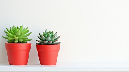 Fototapeta premium Two colorful succulents, one green and one red, sit in cute terracotta pots on a white shelf against a plain white wall. There's lots of room for text.