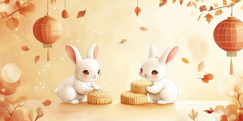 Cute Chinese Moon Festival poster with bunnies, lanterns, and autumn leaves