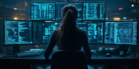 Woman working in a high-tech control center, analyzing data and overseeing network security on multiple computer screens., Generative AI
