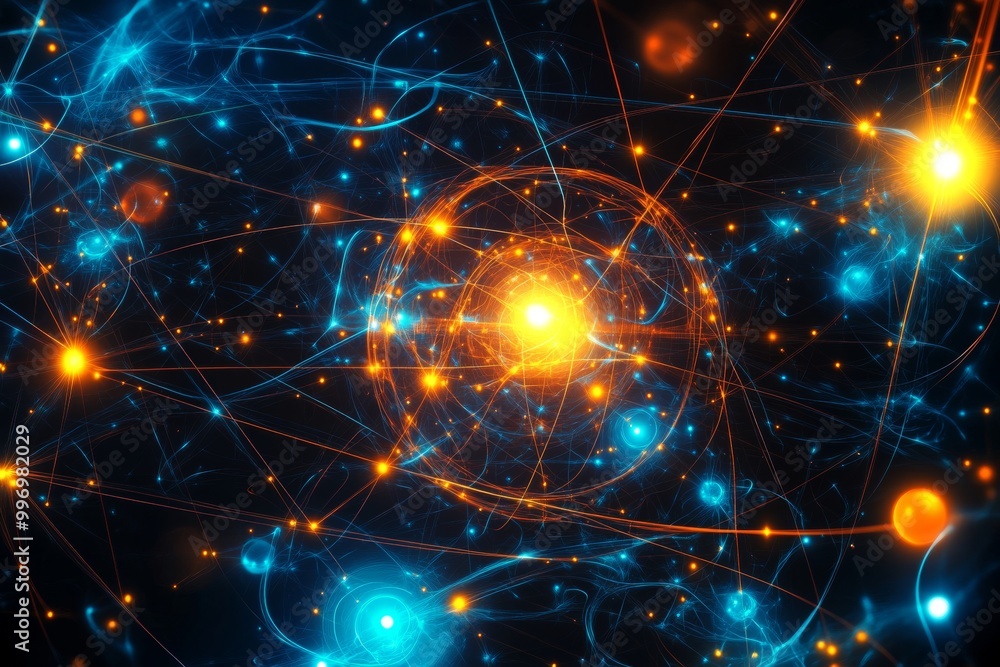Poster concept of nanotechnology. atomic structure surrounded by electrons. futuristic concept of nanotechn
