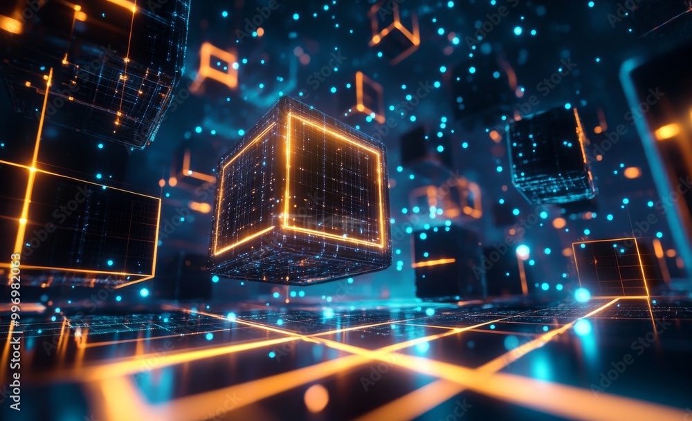 Poster 3d illustration of blockchain technology. blocks of information in cyberspace. decentralized network