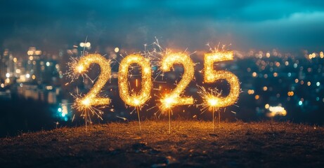 A sparkling fireworks or sparkler number 2025 is shown on a cityscape background. This is a decoration celebration and advertising theme for a festival.