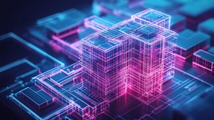 Obraz premium Digital Blueprints and Schematics in Neon and Luminous 3D Styles, To showcase the innovative and high-tech process of modern building design,