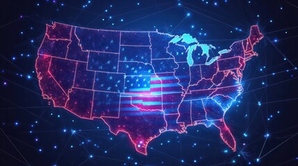 digital map of usa concept of american global network and connectivity data transfer and cyber technology electronic vote information exchange and telecommunication.illustration,stock photo