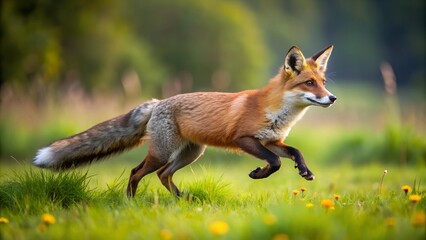 Fototapeta premium the fox in the meadow runs quickly on the grass