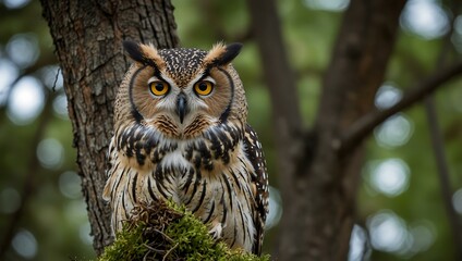 Owl occasionally moving its head in a tall tree.