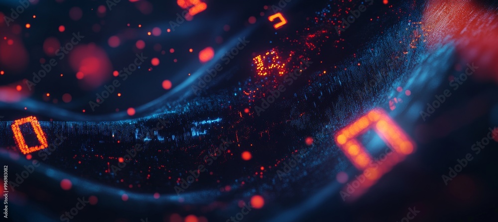 Poster an illustration of this technology in 3d. analysis of big data digital field. binary code technology