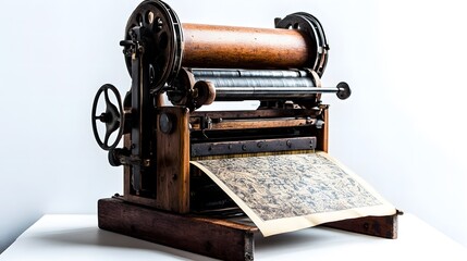 An antique printing press with intricate gears and a wooden frame producing an old map, showcasing vintage technology and craftsmanship.