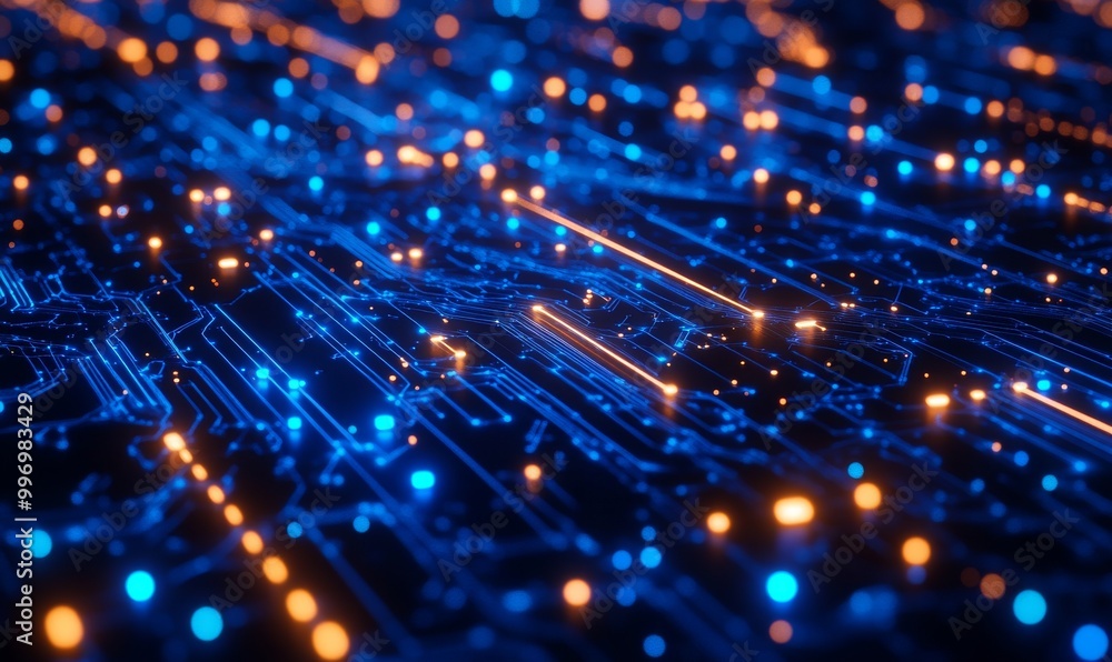 Aufkleber embedding nanotechnology into computer circuits and processors. illustration of digital streams in a