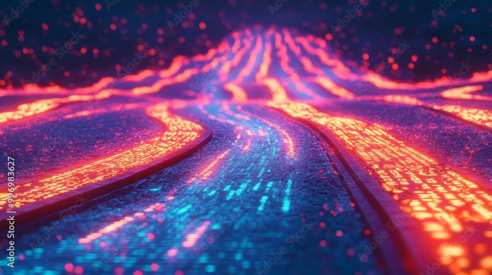 Aufkleber cyber data flow concept. 3d illustration of wavy lines in the information code field. coding and tec