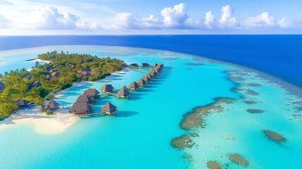 Aerial view of a tropical lagoon with turquoise water and small islands in Bora Bora, French Polynesia.