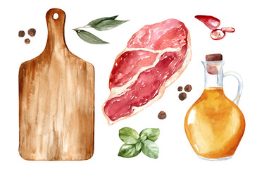 Set of watercolor ingredients for cooking isolated on white background. Collection illustration of fresh meat with spices for steak and kitchen utensils