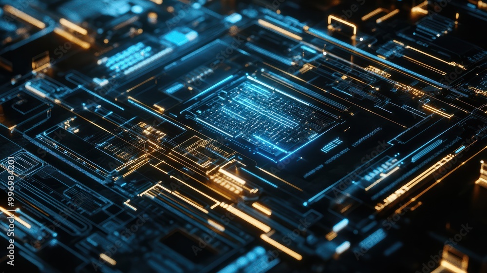 Poster futuristic microchip blueprint design