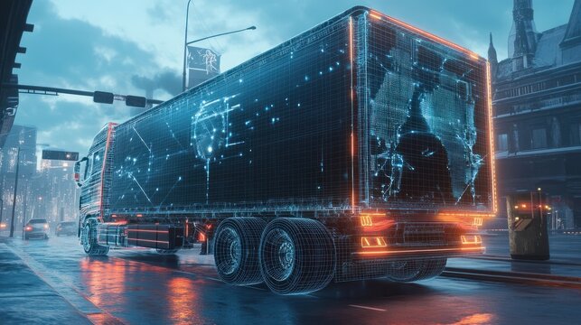 Futuristic truck with trailer scene with wireframe intersection Illustration.