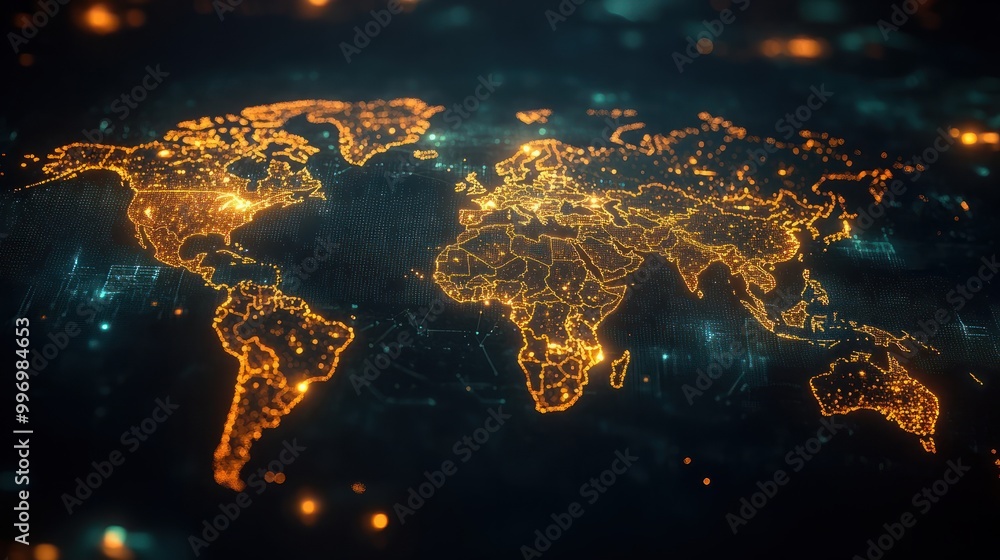 Poster glowing world map on dark background. globalization concept. communications network map of the world