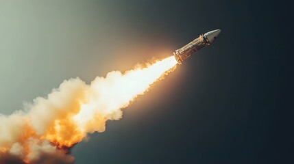 A powerful rocket launching into space, with a fiery trail of smoke, against a dramatic dark sky background.