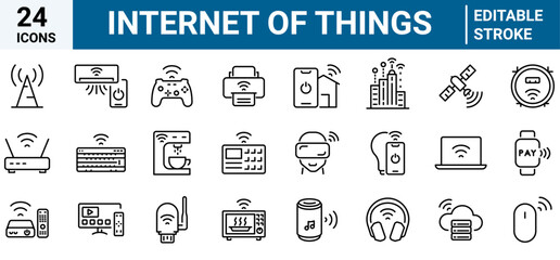 Internet of things web line icons. such as surveillance, sensor, IoT. Artificial Intelligence. Set vector line icons with open path internet of things and smart gadgets. Vector illustration.