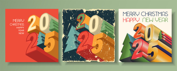 happy New Year 2025 and Merry Christmas old grunge vintage greeting card, poster, template Layout  set. flat 3d number and Christmas tree bright colors	