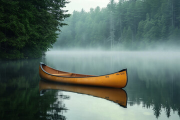Serene Lone Canoe in the Misty Early Morning on a Quiet Lake, Evoking a Sense of Solitude and Introspection