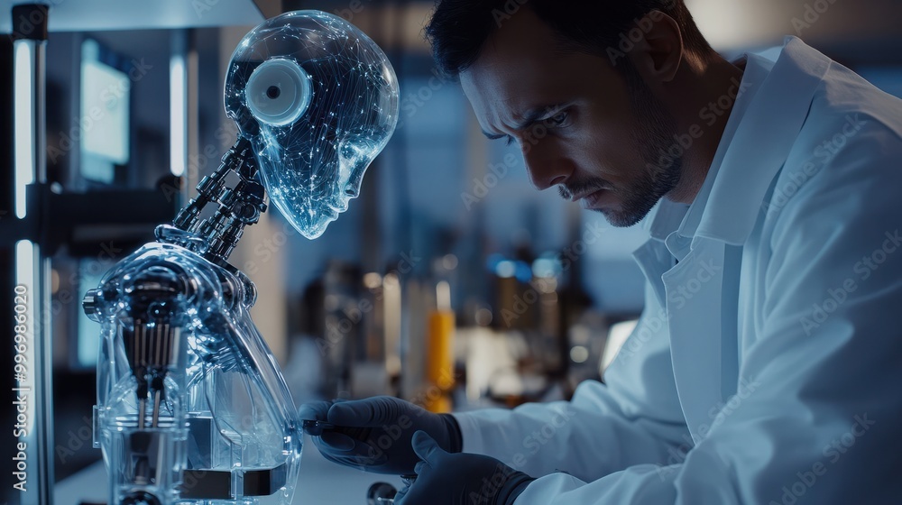 Poster human scientist working on ai robot in science lab. generative ai.