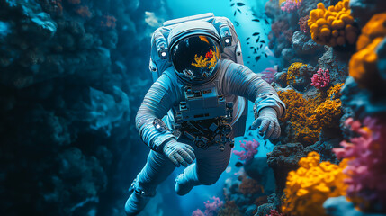 Astronaut in spacesuit, subaquatic exploring an underwater environment surrounding with glowing coral reefs