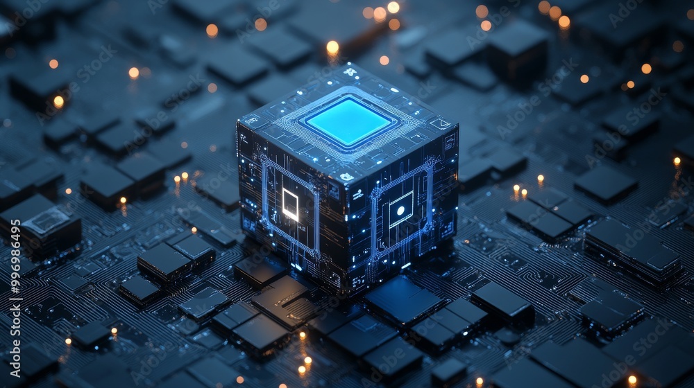 Poster a 3d illustration of a cryptocurrency and its information block on the background of nanotechnology.