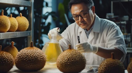 Illustration of Malaysian chemist researching the chemistry of durian aroma compounds emphasizing food chemistry and sensory analysis