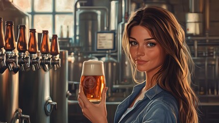 Illustration of a female brewer evaluating craft beer in a brewery with bottles in the background.