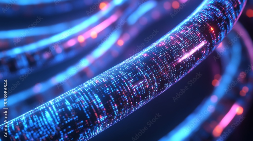 Poster abstract neon hi-tech background. glowing neon chain, spiral. cyberpunk blocks. blockchain data netw