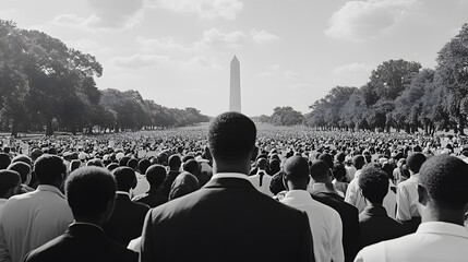 Large gathering of individuals, predominantly African American, facing the Washington Monument in a powerful, symbolic scene.