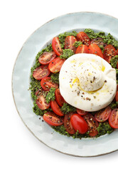 Fresh delicious burrata salad isolated on white, top view